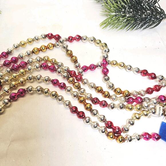 Vintage Double Bead Mercury Glass Christmas Tree Garland 100" Red Gold Silver - Picture 3 of 12